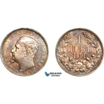 AL236, Bulgaria, Ferdinand I, 1 Lev 1891 KB, Kremnitz Mint, Silver, Cleaned in the past, AU