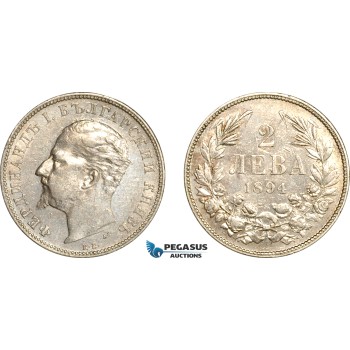 AL237, Bulgaria, Ferdinand I, 2 Leva 1894 KB, Kremnitz Mint, Silver, Cleaned, AU