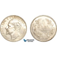 AL239, Bulgaria, Ferdinand I, 5 Leva 1894 KB, Kremnitz Mint, Silver, Cleaned, AU-UNC