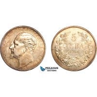 AL241, Bulgaria, Ferdinand I, 5 Leva 1894 KB, Kremnitz Mint, Silver, Cleaned in the past, AU