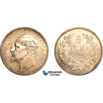 AL241, Bulgaria, Ferdinand I, 5 Leva 1894 KB, Kremnitz Mint, Silver, Cleaned in the past, AU