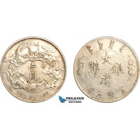 AL242, China, Empire, 1 Dollar Yr. 3 (1911) Tientsin Mint, Silver, Cleaned, XF