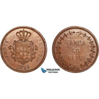 AL251, Portuguese India, Luiz I, 1 Tanga / 60 Reis 1871, Bombay Mint, Cleaned, AU