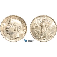 AL252, Italy, Vit. Emanuele III, Kingdom Anniversary, 2 Lire 1911 R, Rome Mint, Silver, Cleaned, AU