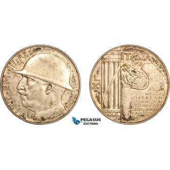 AL253, Italy, Vittorio Emanuele III, 20 Lire 1928 VI R, Rome Mint, Silver, 10th Anniversary of the End of World War I, Toned, XF-AU