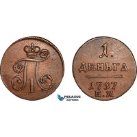 AL258, Russia, Paul I, Denga (1/2 Kopek) 1797 ЕМ, Ekaterinburg Mint, AU