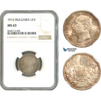 AL298, Bulgaria, Ferdinand I, 1 Lev 1913, Vienna Mint, Silver, NGC MS63