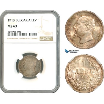 AL298, Bulgaria, Ferdinand I, 1 Lev 1913, Vienna Mint, Silver, NGC MS63