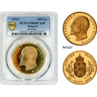AL303, Bulgaria, Ferdinand I, Restrike 100 Leva 1912, Independence, Sofia Mint, Gold, PCGS PR69CAM