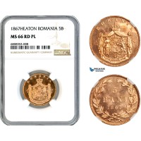 AL306, Romania, Carol I, 5 Bani 1867, Heaton Mint, NGC MS66RD PL