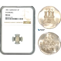 AL307, Germany, Hamburg, 1 Dreiling 1851, Billon, NGC MS66, Top Pop!