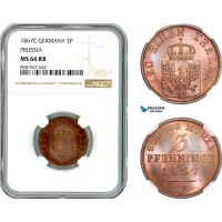 AL308, Germany, Prussia, Wilhelm I, 3 Pfennige 1867 C, Frankfurt Mint, NGC MS66RB, Top Pop!