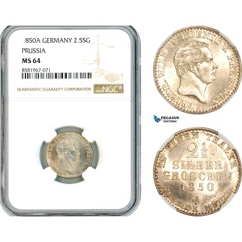 AL309, Germany, Prussia, Friedrich Wilhelm IV, 2 1/2 Silbergroschen 1850 A, Berlin Mint, Billon, NGC MS64