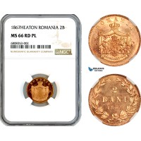 AL311, Romania, Carol I, 2 Bani 1867, Heaton Mint, NGC MS66RD PL, Top Pop!