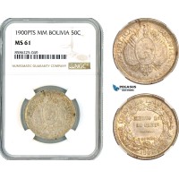 AL314, Bolivia, 50 Centavos 1900 PTS MM, Potosi Mint, Silver, NGC MS61