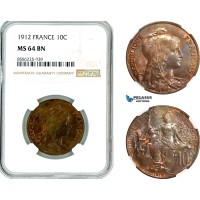 AL318, France, Third Republic, 10 Centimes 1912, Paris Mint, NGC MS64BN