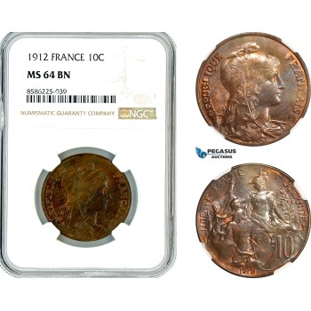 AL318, France, Third Republic, 10 Centimes 1912, Paris Mint, NGC MS64BN AL318, France, Third Republic, 10 Centimes 1912, Paris Mint, NGC MS64BN