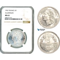 AL320, France, Fourth Republic, 5 Francs 1947, Paris Mint, Aluminium, NGC MS63