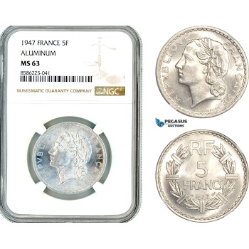 AL320, France, Fourth Republic, 5 Francs 1947, Paris Mint, Aluminium, NGC MS63