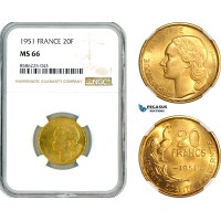 AL322, France, Fourth Republic, 20 Francs 1951, Paris Mint, “G. Guiraud”, NGC MS66