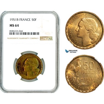 AL323, France, Fourth Republic, 50 Francs 1951 B, Beaumont-le-Roger Mint, NGC MS64 AL323, France, Fourth Republic, 50 Francs 1951 B, Beaumont-le-Roger Mint, NGC MS64