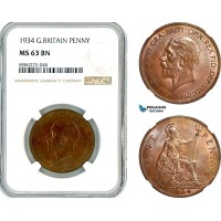 AL326, Great Britain, George V, 1 Penny 1934, London Mint, NGC MS63BN