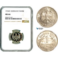 AL328, Germany, Third Reich, 1 Reichsmark 1934 E, Muldenhütten Mint, NGC MS66, Top Pop and single finest!