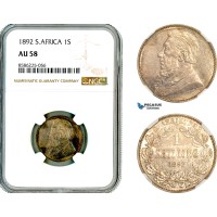 AL332, South Africa (ZAR) 1 Shilling 1892, Berlin Mint, Silver, NGC AU58
