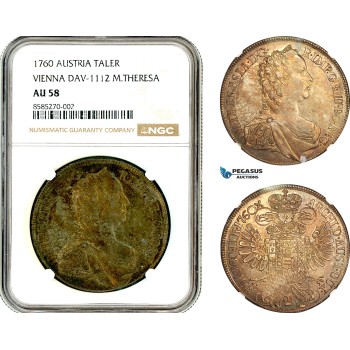 AL334, Austria, Maria Theresia, Taler 1760, Vienna Mint, DAV-1112 Silver, NGC AU58 AL334, Austria, Maria Theresia, Taler 1760, Vienna Mint, DAV-1112 Silver, NGC AU58