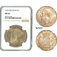 AL336, Belgium, Leopold II, 5 Francs 1876, Brussels Mint, Silver, NGC MS62