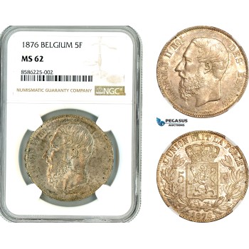 AL336, Belgium, Leopold II, 5 Francs 1876, Brussels Mint, Silver, NGC MS62
