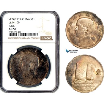 AL340, China, "Junk" Dollar Yr. 22 (1933), Silver, L&M-109, NGC AU58