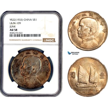 AL341, China, "Junk" Dollar Yr. 22 (1933), Silver, L&M-109, NGC AU58