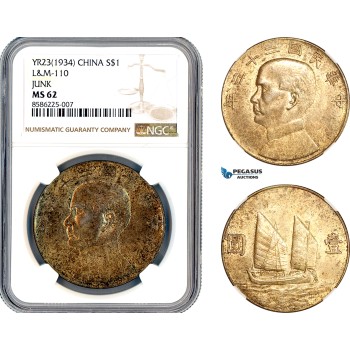 AL342, China, "Junk" Dollar Yr. 23 (1934), Silver, L&M-110, NGC MS62