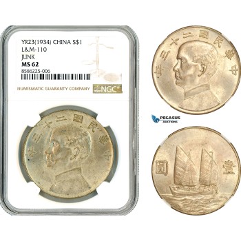 AL343, China, "Junk" Dollar Yr. 23 (1934), Silver, L&M-110, NGC MS62