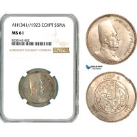 AL345, Egypt, Fuad, 5 Piastres AH1341//1923, London Mint, Silver NGC MS61