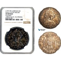 AL349, Great Britain, George III "Emergency Dollar" 1797-99, Oval countermark of George III on Peru Charles IV, 8 Reales 1789 LIMAE, Silver, NGC XF Details AL349, Great Britain, George III "Emergency Dollar" 1797-99, Oval countermark of George III on Peru Charles IV, 8 Reales 1789 LIMAE, Silver, NGC XF Details