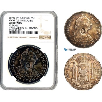 AL349, Great Britain, George III "Emergency Dollar" 1797-99, Oval countermark of George III on Peru Charles IV, 8 Reales 1789 LIMAE, Silver, NGC XF Details AL349, Great Britain, George III "Emergency Dollar" 1797-99, Oval countermark of George III on Peru Charles IV, 8 Reales 1789 LIMAE, Silver, NGC XF Details