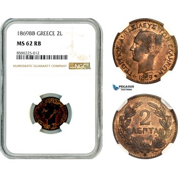 AL352, Greece, George I, 2 Lepta 1869 BB, Strasbourg Mint, NGC MS62RB