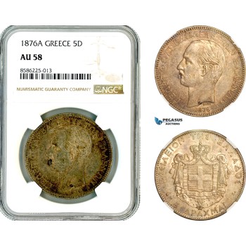AL353, Greece, George I, 5 Drachmai 1876 A, Paris Mint, Silver, NGC AU58