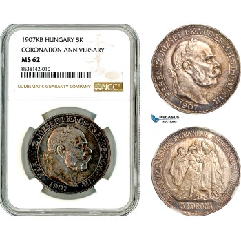 AL355, Hungary, Franz Joseph, 5 Korona 1907 KB, Kremnitz Mint, Coronation Anniversary, Silver, NGC MS62 AL355, Hungary, Franz Joseph, 5 Korona 1907 KB, Kremnitz Mint, Coronation Anniversary, Silver, NGC MS62