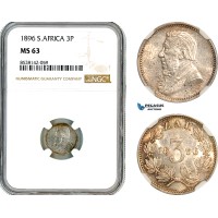 AL359, South Africa (ZAR) 3 Pence 1896, Pretoria Mint, Silver, NGC MS63