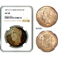 AL360, Spain, Amadeo I, 5 Pesetas 1871 (71) SDM, Madrid Mint, Silver, NGC AU58