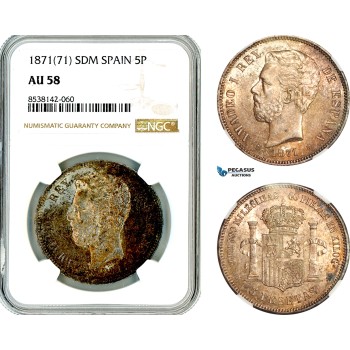 AL360, Spain, Amadeo I, 5 Pesetas 1871 (71) SDM, Madrid Mint, Silver, NGC AU58