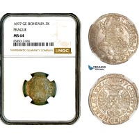 AL365, Austria (Bohemia) Leopold I, 3 Kreuzer 1697 GE, Prague Mint, Silver, NGC MS64