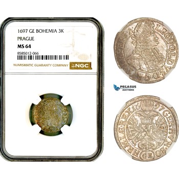AL365, Austria (Bohemia) Leopold I, 3 Kreuzer 1697 GE, Prague Mint, Silver, NGC MS64