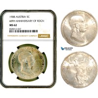 AL367, Austria, Franz Joseph, 5 Corona 1908, Vienna Mint, Silver, "60TH ANNIVERSARY OF REIGN", NGC MS62