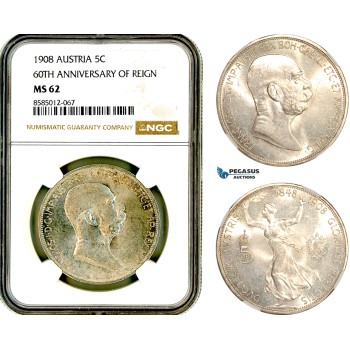 AL367, Austria, Franz Joseph, 5 Corona 1908, Vienna Mint, Silver, "60TH ANNIVERSARY OF REIGN", NGC MS62