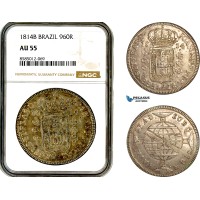AL369, Brazil, Joao Prince Regent, 960 Reis 1814 B, Bahia Mint, Silver, NGC AU55 AL369, Brazil, Joao Prince Regent, 960 Reis 1814 B, Bahia Mint, Silver, NGC AU55