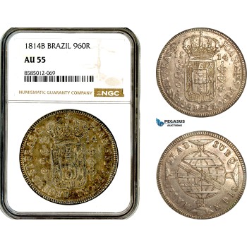 AL369, Brazil, Joao Prince Regent, 960 Reis 1814 B, Bahia Mint, Silver, NGC AU55